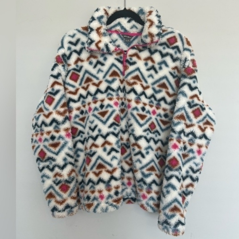 Eddie Bauer Pink Blue Aztec Tribal Sherpa Teddy 1/4 Zip Jacket Sweater X-Large - Picture 4 of 7